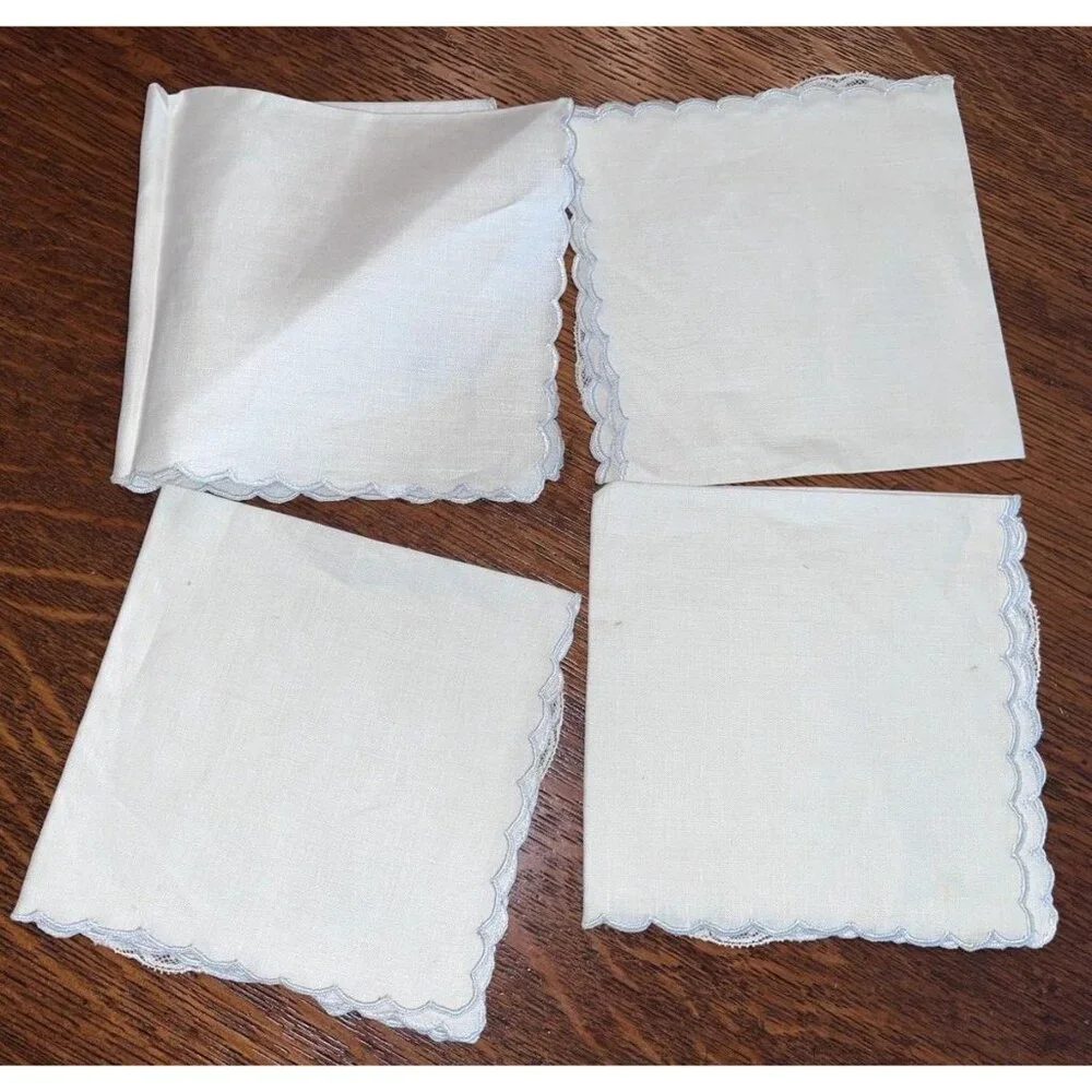 Vtg Linen Napkins Embroidered Floral Scalloped Cottage Core Lunch Tea Brunch